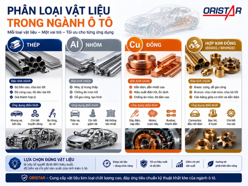 Các nhóm vật liệu kim loại Oristar cung cấp cho ngành ô tô
